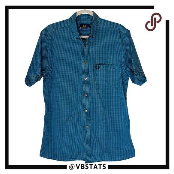 Fred Perry Men's Gingham Cotton Short Sleeve Button-down Shirt Blue Black Sz 42 - Picture 1 of 9
